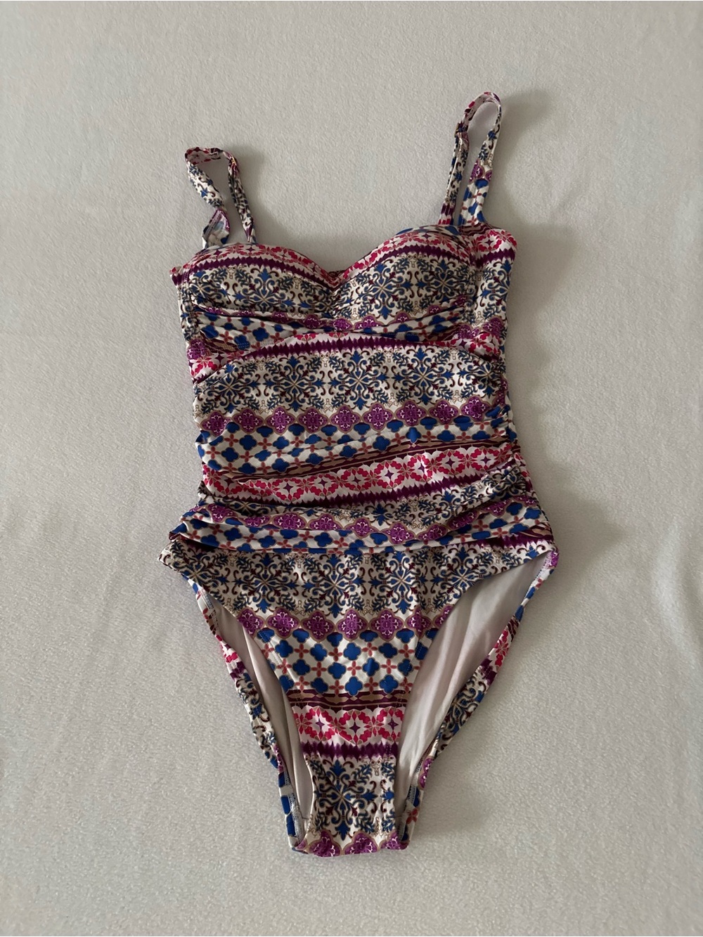 La Blanca Girls One-Piece Swimsuit in Pink, Blue & Cream Mosaic Print